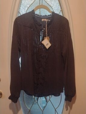 Faherty Brown Ruffle-Trim Button Front Blouse